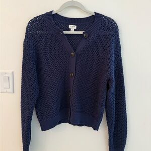 JCrew Factory Crochet Cardigan Sweater, Navy, Large